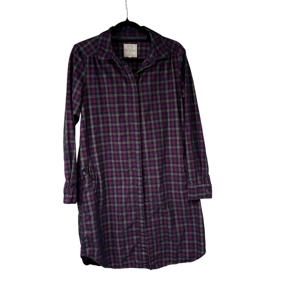 Fat Face Plaid Button Down Shirt Dress Navy Magenta Green Long Sleeve 8 Long